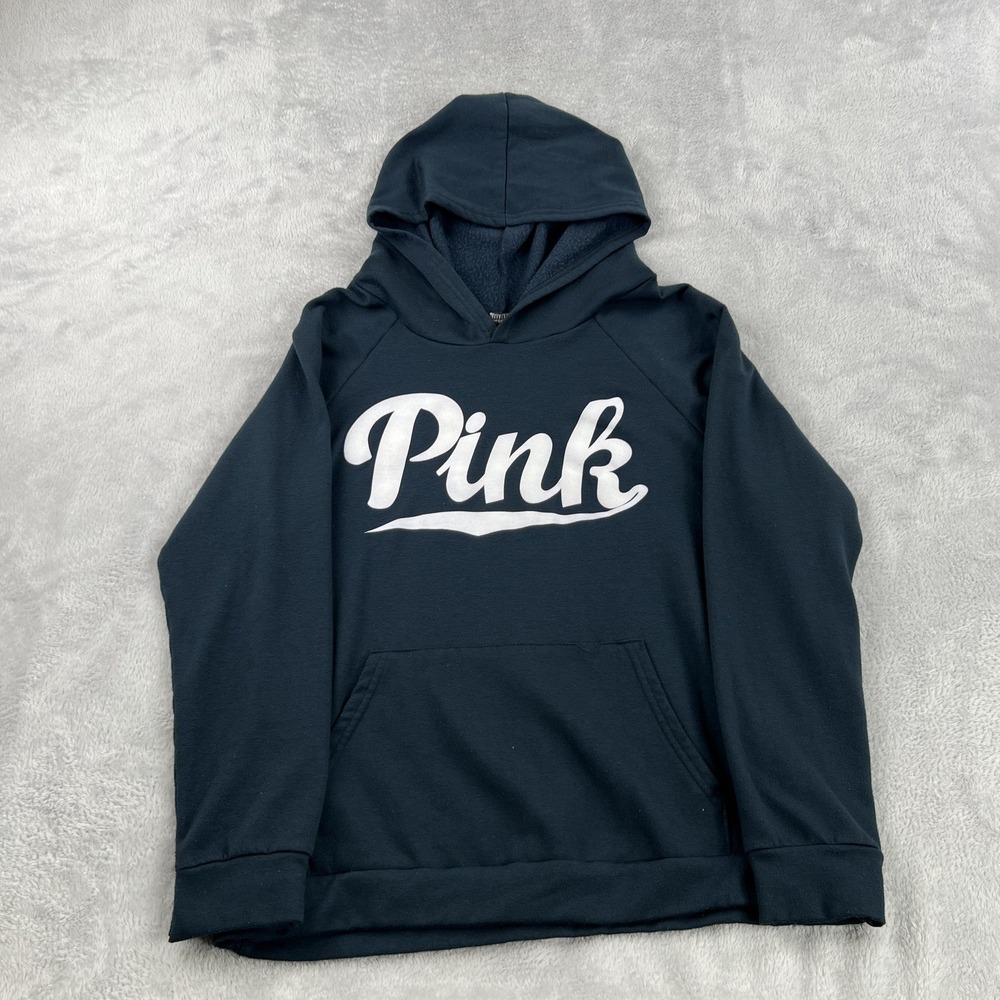 Victoria's Secret PINK Hoodie Women M Navy Blue Pullover Sweatshirt Logo Graphic